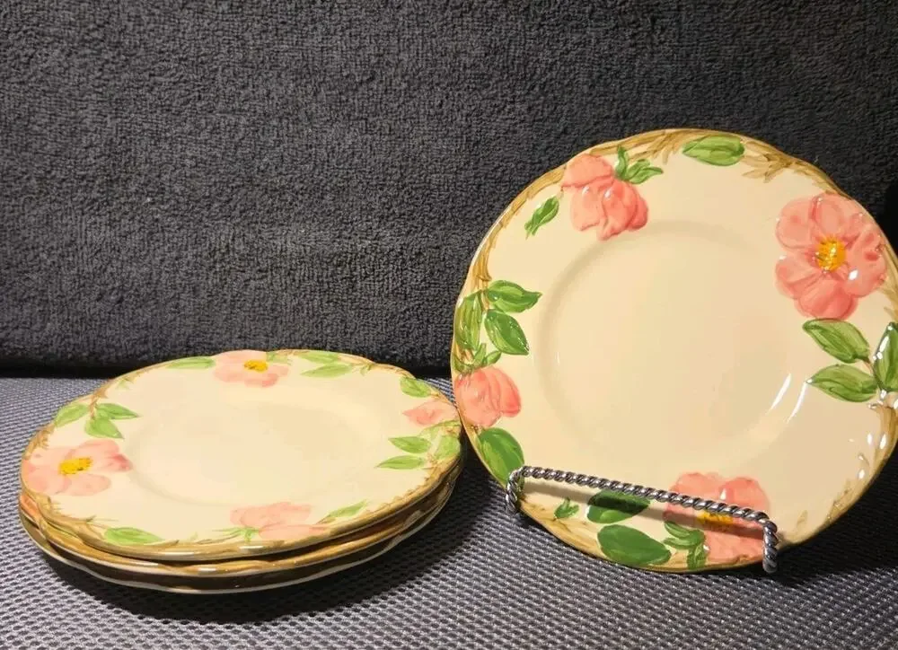 Set Of 4 Franciscan Desert Rose salad plate hand-painted pink flowers green Vine